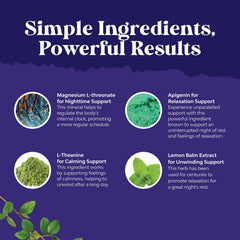 Close-up of ingredients including magnesium L-threonate, apigenin, theanine, lemon balm.