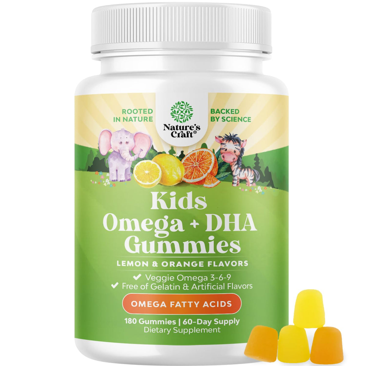 Natures Craft Omega DHA Gummies for Kids bottle highlighting DHA and vitamin C benefits for growing minds