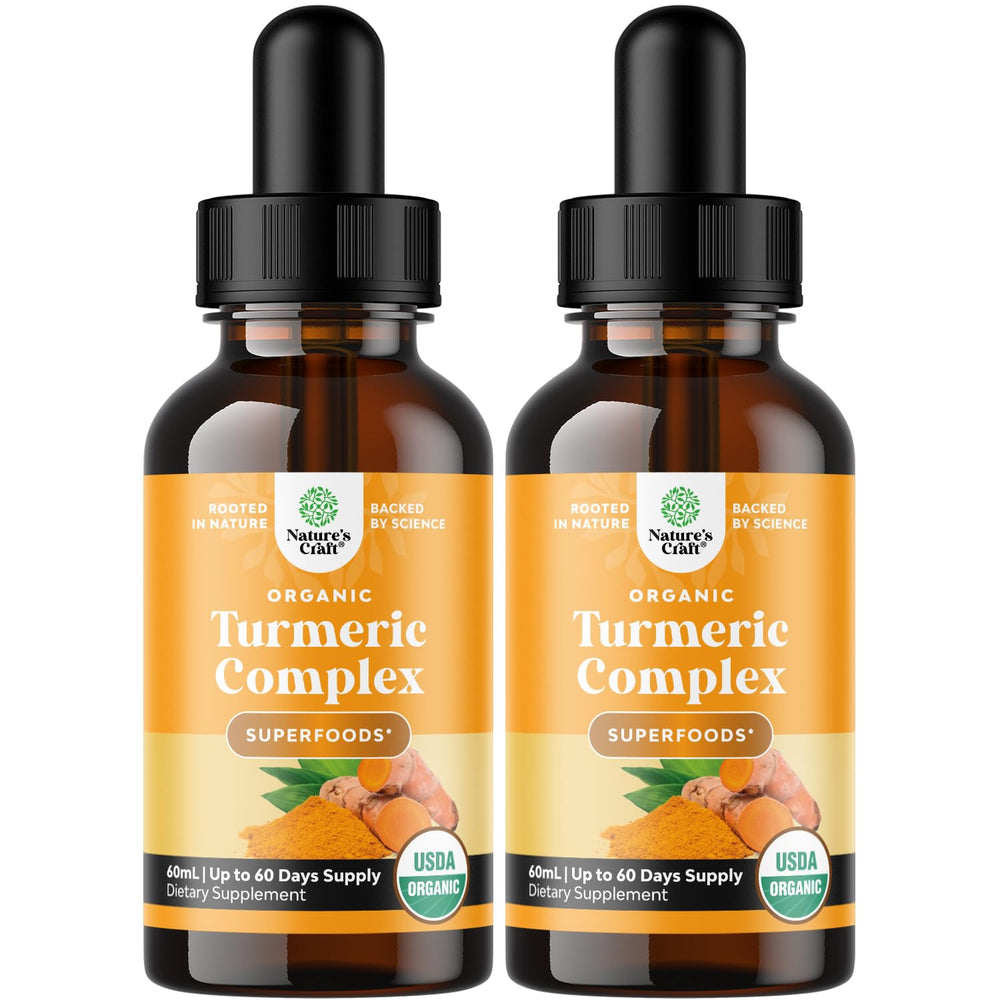 Nature's Craft Organic Turmeric Liquid Drops bottle front view for easy dosing.