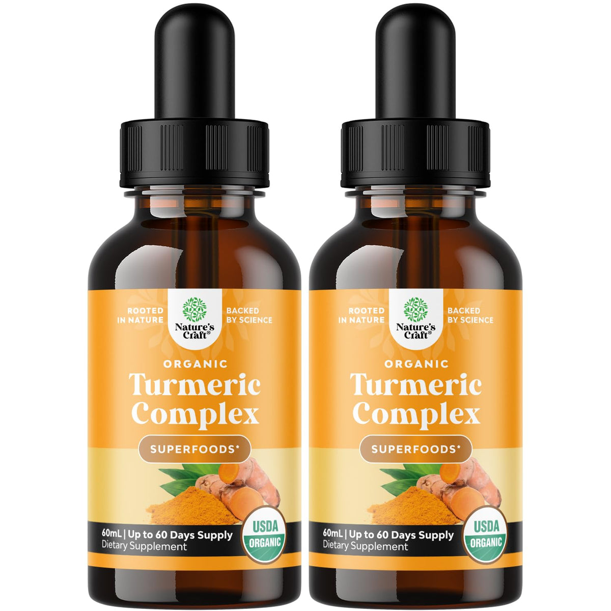 Nature's Craft Organic Turmeric Liquid Drops bottle front view for easy dosing.