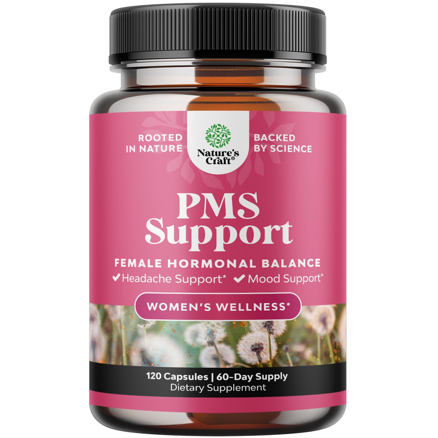 Natures Craft PMS Support bottle label showing ingredients and dosage for daily use.