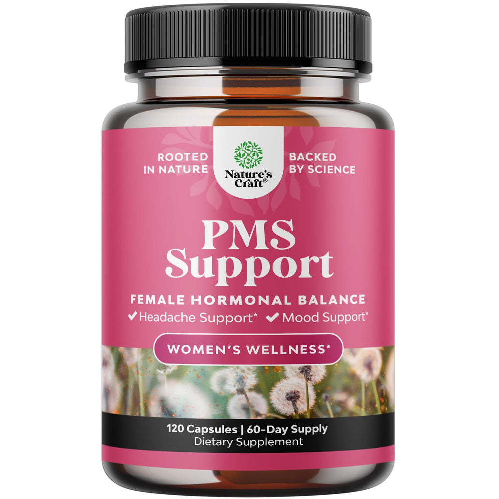 Natures Craft PMS Support bottle label showing ingredients and dosage for daily use.