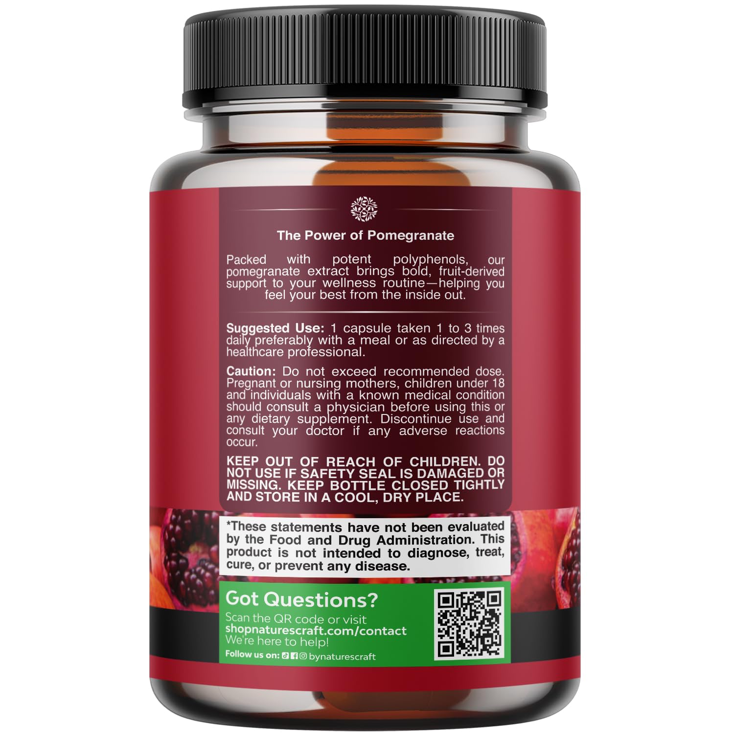 Natures Craft Pomegranate Capsules label closeup highlighting premium ingredients