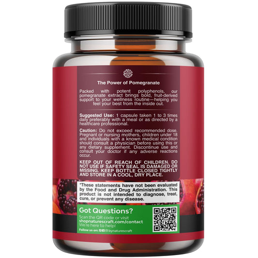 Natures Craft Pomegranate Extract Pill closeup shows real fruit powder for polyphenol-rich daily use.
