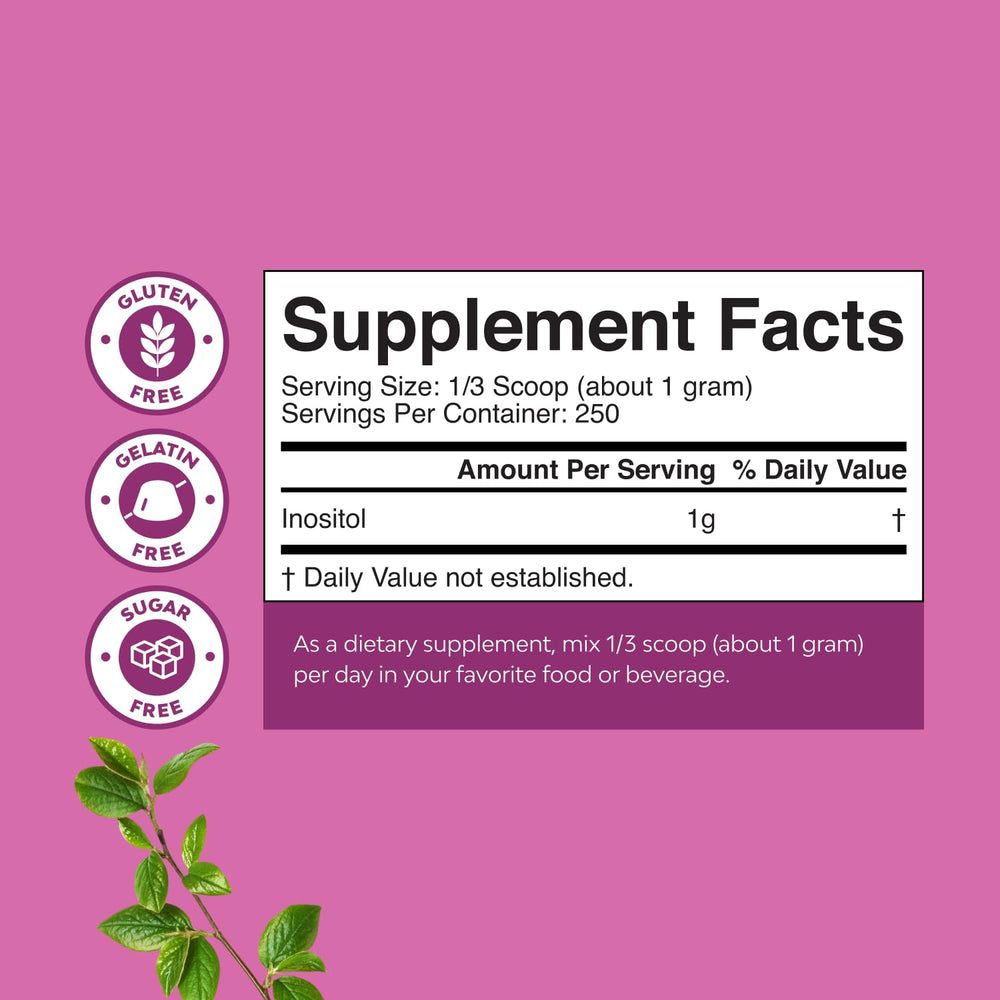Natures Craft Premium Inositol Powder dispensing scene highlights easy mix into beverages.