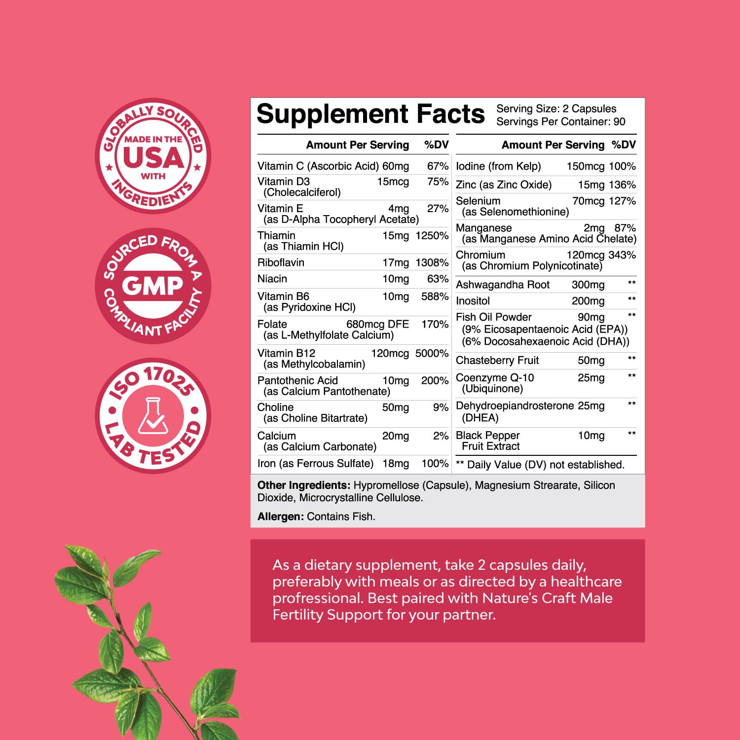 Natures Craft prenatal vitamins label emphasizing essential nutrients for healthy planning