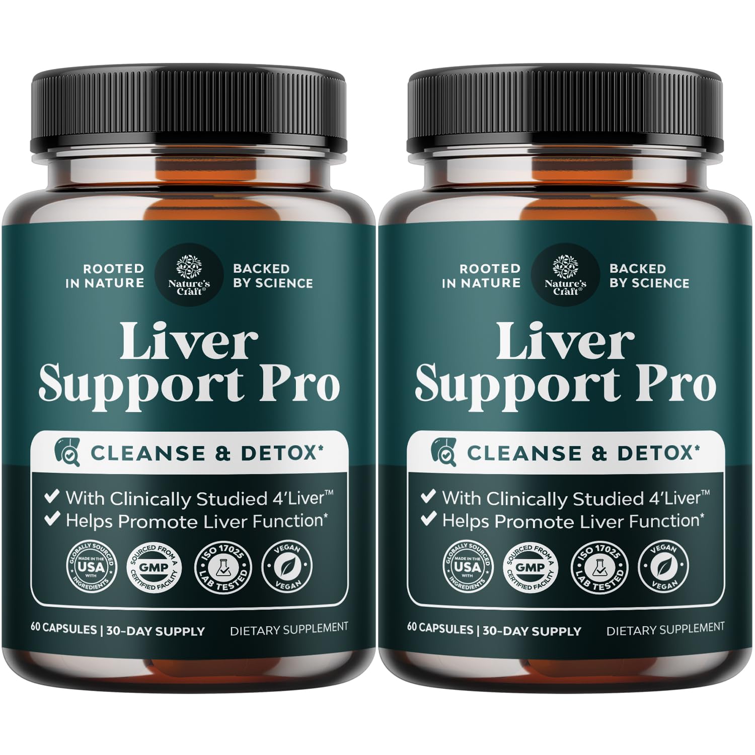 Nature's Craft Pro Liver Support bottle label highlights trusted herbal ingredients.