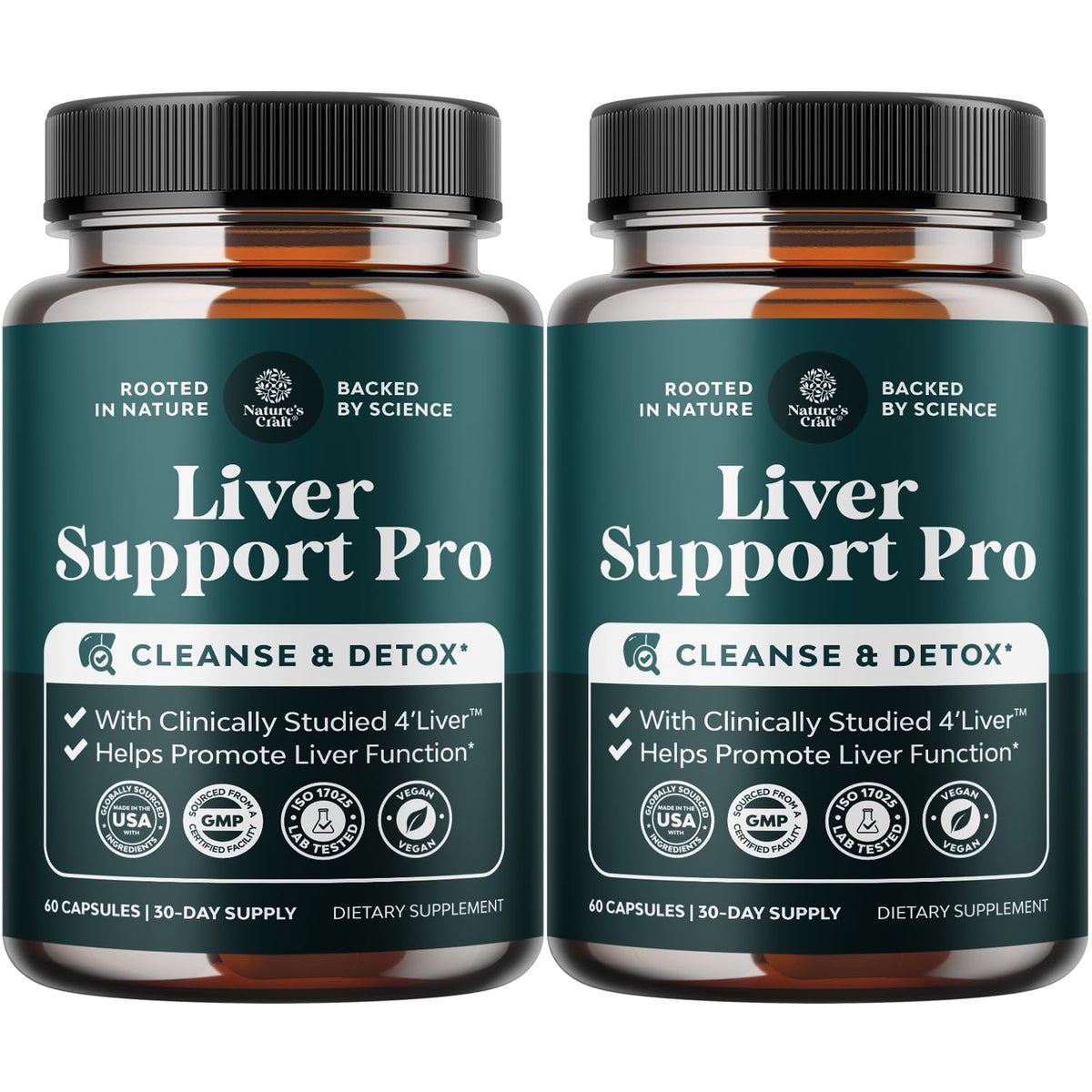 Nature's Craft Pro Liver Support bottle label highlights trusted herbal ingredients.
