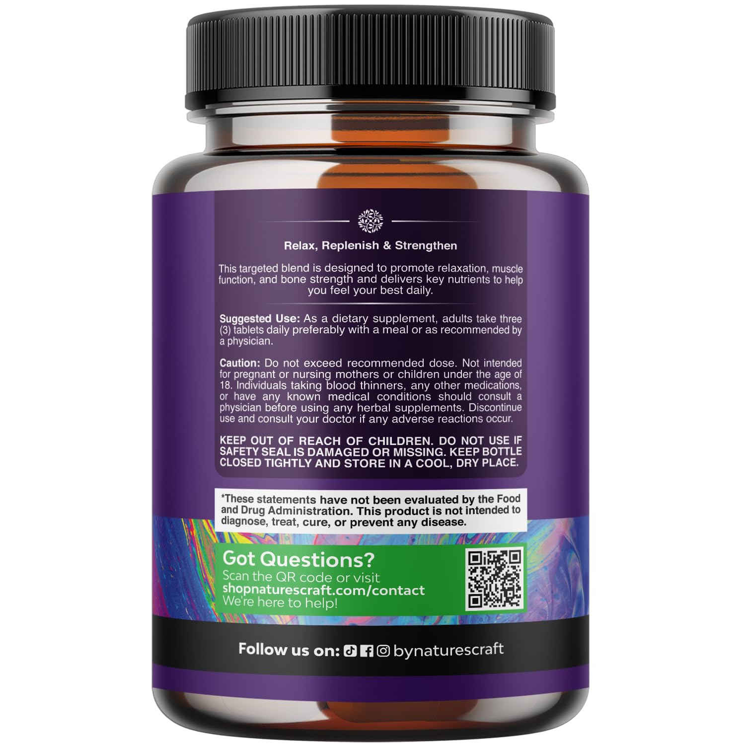 Natures Craft Pure Calm bottle back shows ingredients for daily wellness