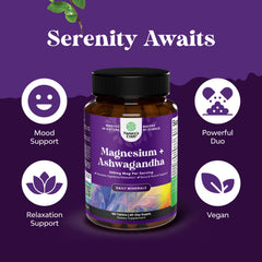 Pure Calm label close-up highlights magnesium glycinate and Ashwagandha