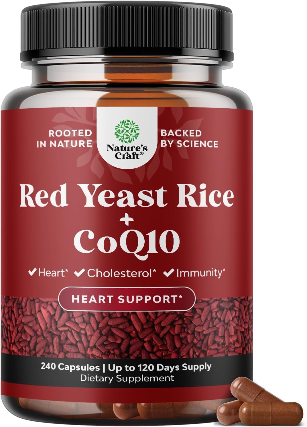 Natures Craft Red Yeast Rice with CoQ10 capsules bottle highlighting heart health support.