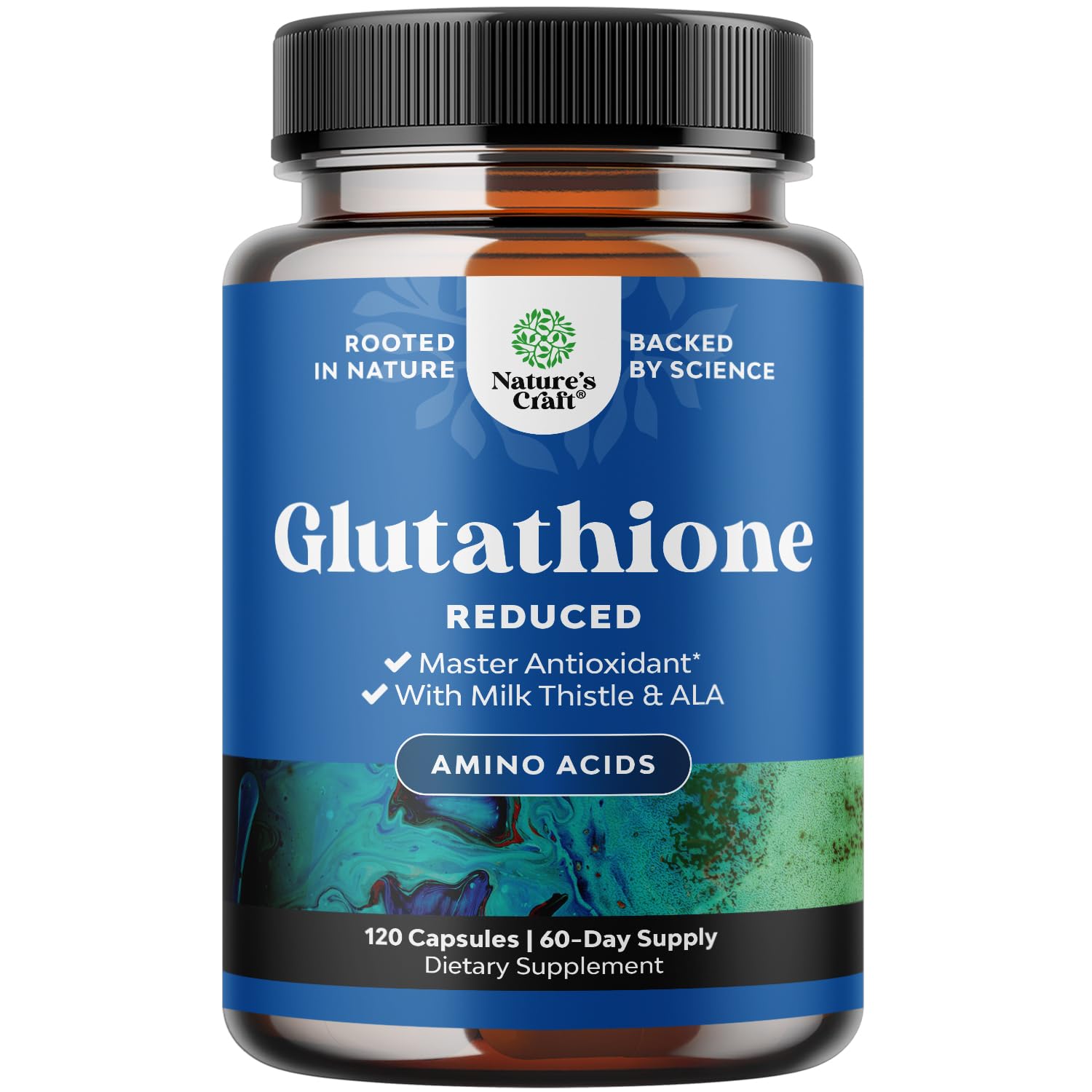 Natures Craft reduced glutathione bottle with milk thistle for skin clarity.