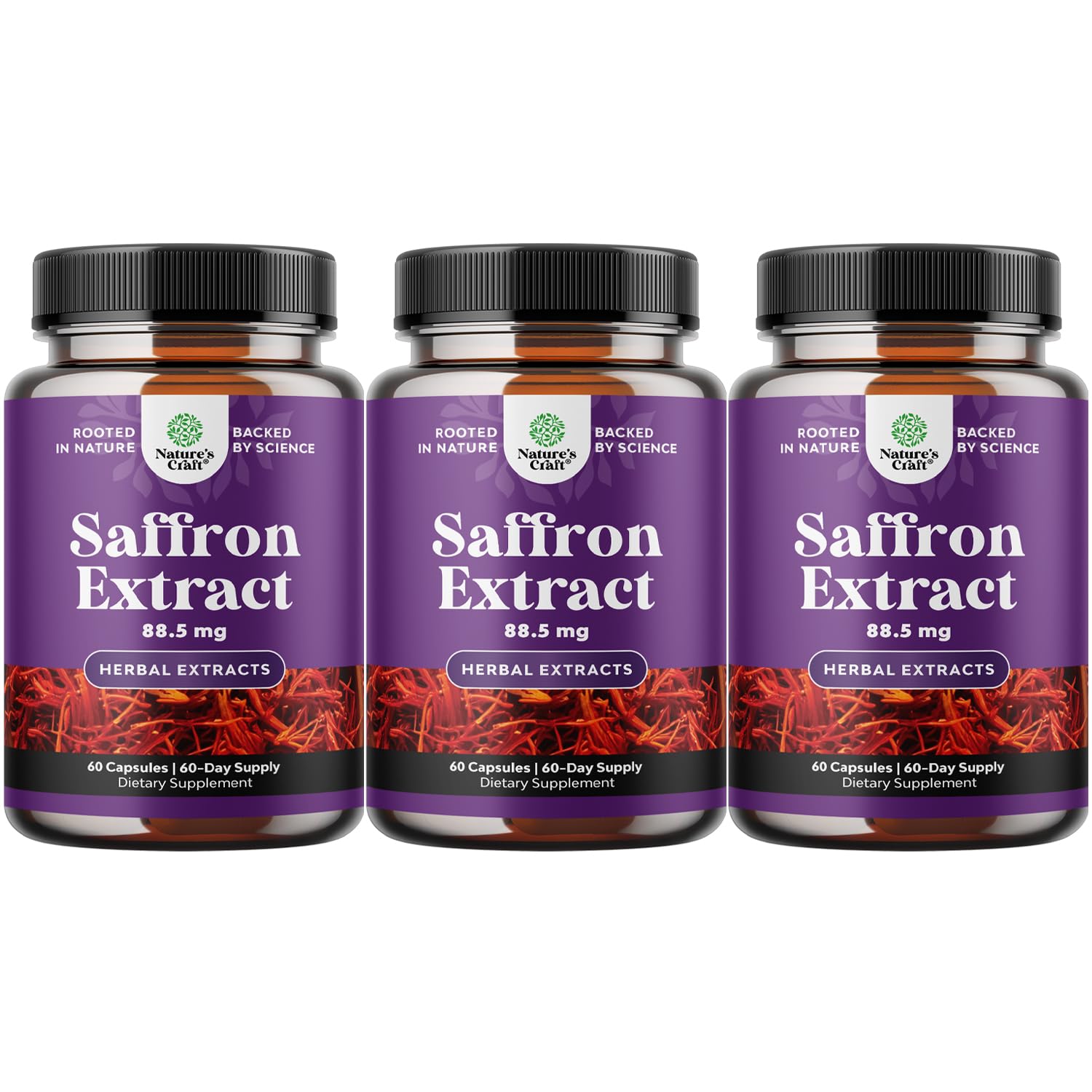 Natures Craft saffron capsules bottle supports daily mood and vitality.