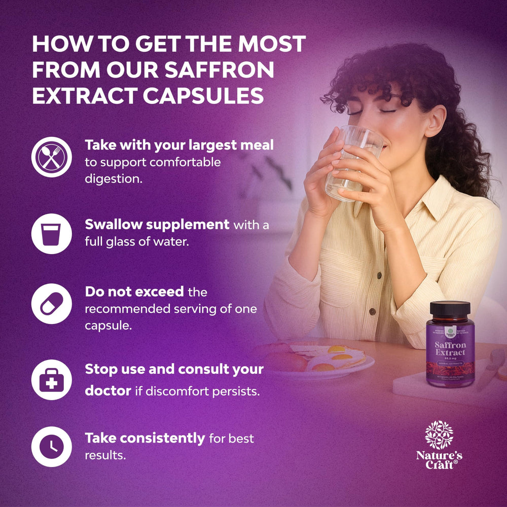 Natures Craft saffron flower illustration emphasizes premium Crocus sativus extract.