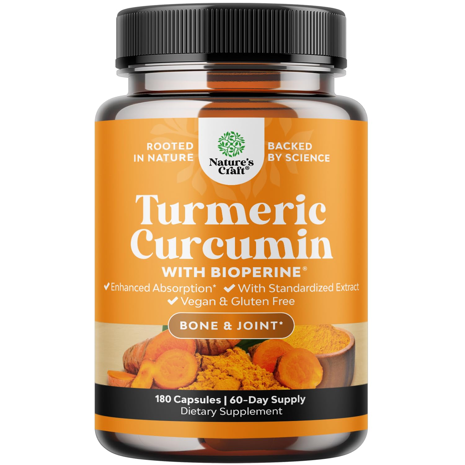 Natures Craft Turmeric Curcumin bottle with Black Pepper improves absorption for joint support