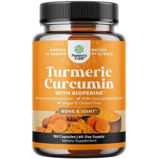 Natures Craft Turmeric Curcumin bottle with Black Pepper improves absorption for joint support