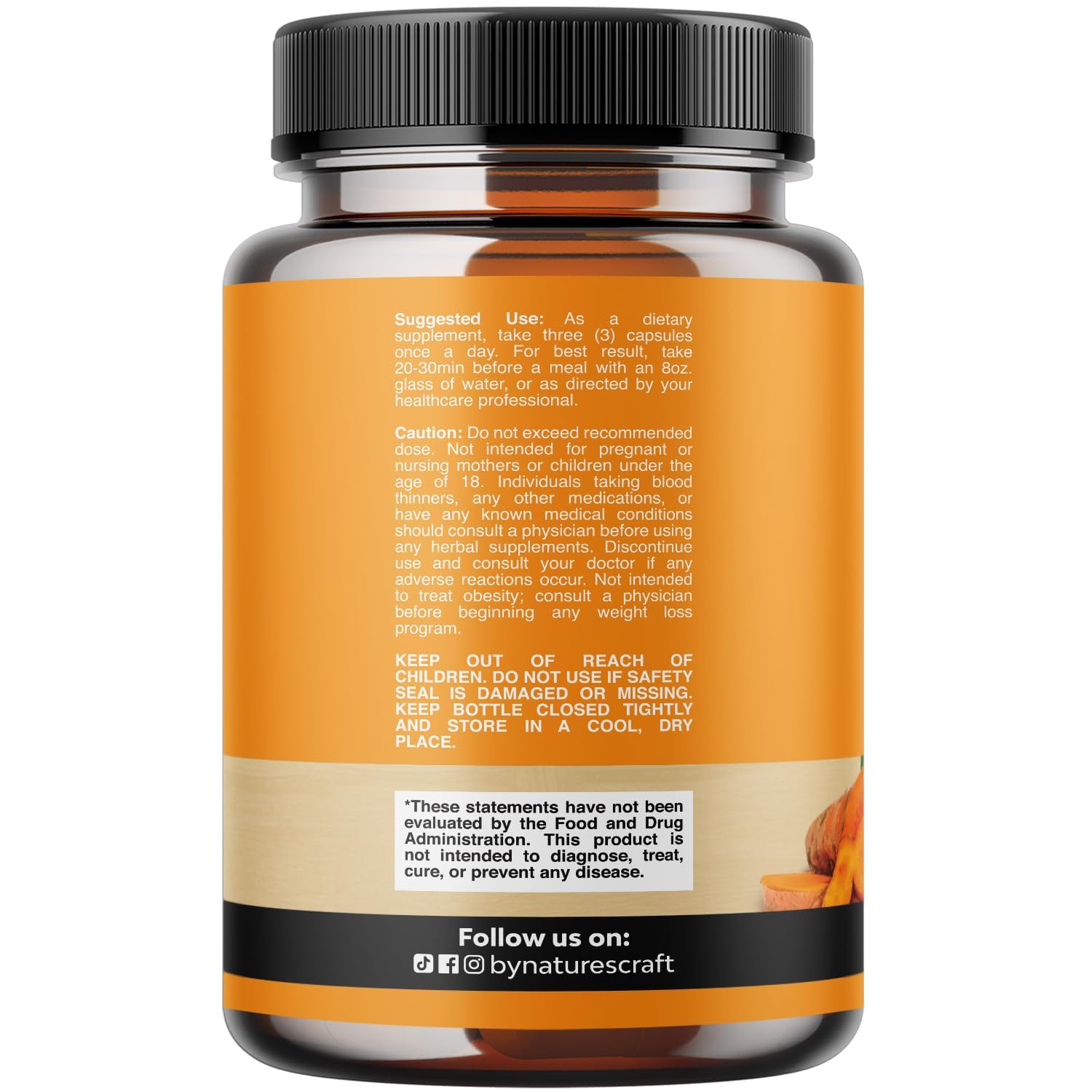 Close-up of Natures Craft Turmeric Curcumin capsules showing high curcuminoid content