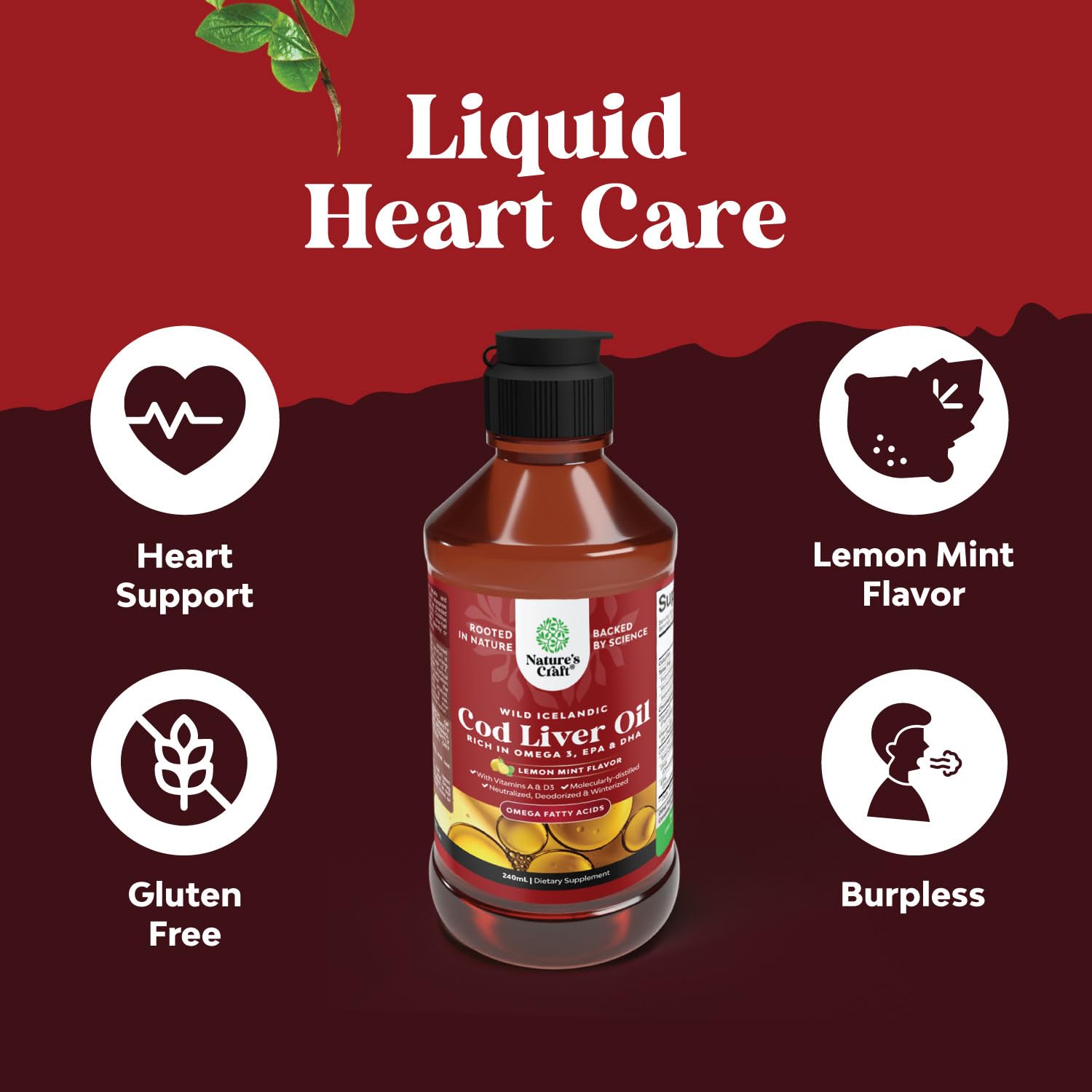 Natures Craft USA-made cod liver oil bottle showcasing GMP ISO facility quality.