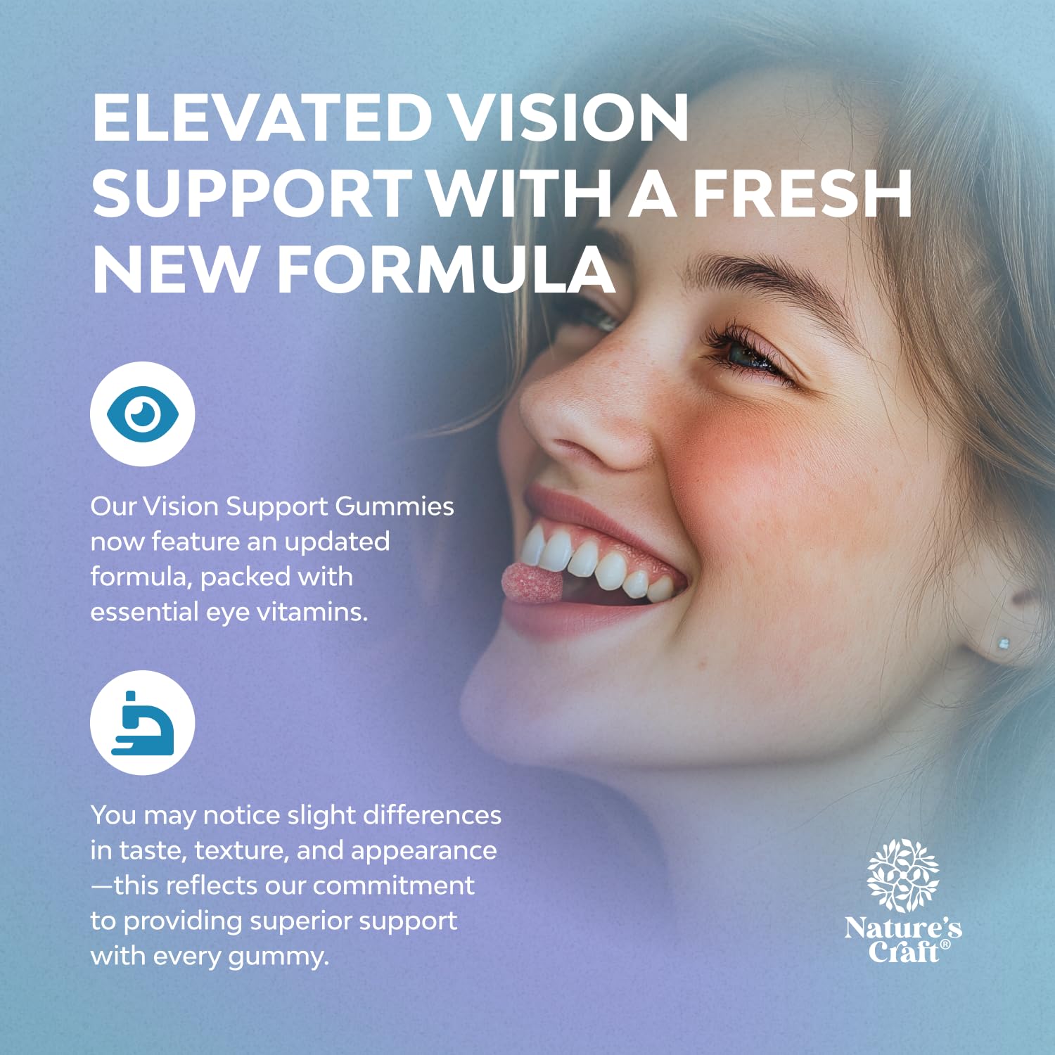 Natures Craft Vision Support Gummies front packaging communicates a complete eye health solution