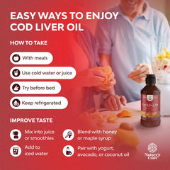 Natures Craft vitamin D and A cod liver oil bottle highlighting bone and immune support.
