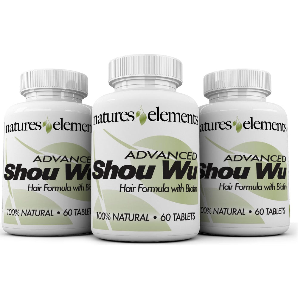 Natures Elements Advanced Shou Wu bottle showing 3-month supply for hair vitality.