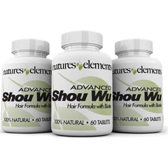Natures Elements Advanced Shou Wu bottle showing 3-month supply for hair vitality.