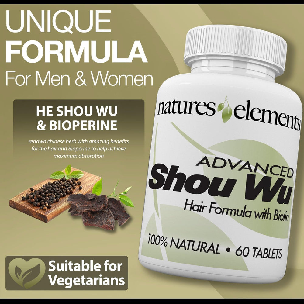 Ingredients panel of Natures Elements Advanced Shou Wu featuring Fo-Ti and Biotin.