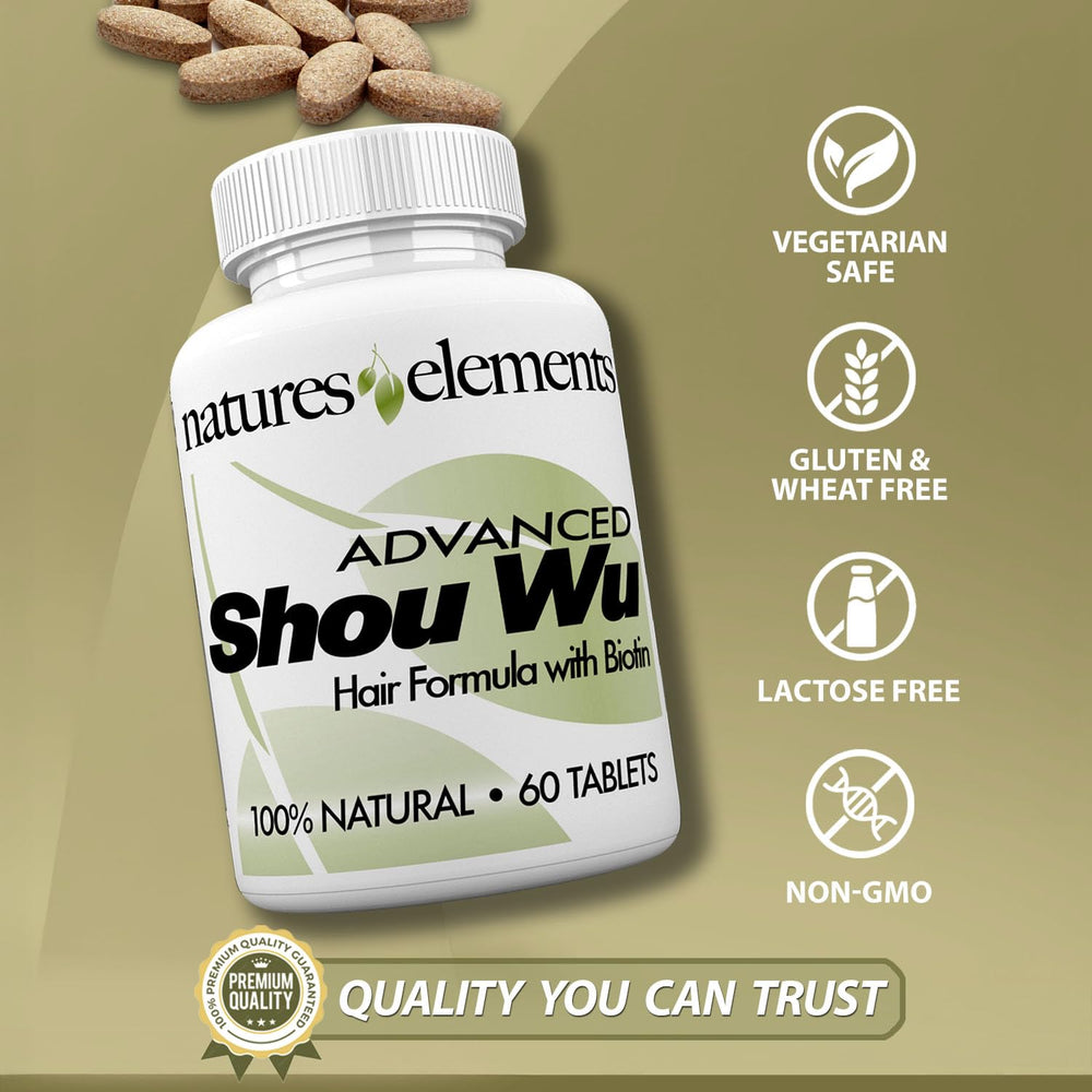 Back packaging of Natures Elements Advanced Shou Wu with ingredient highlights.