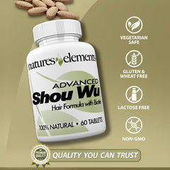 Back packaging of Natures Elements Advanced Shou Wu with ingredient highlights.
