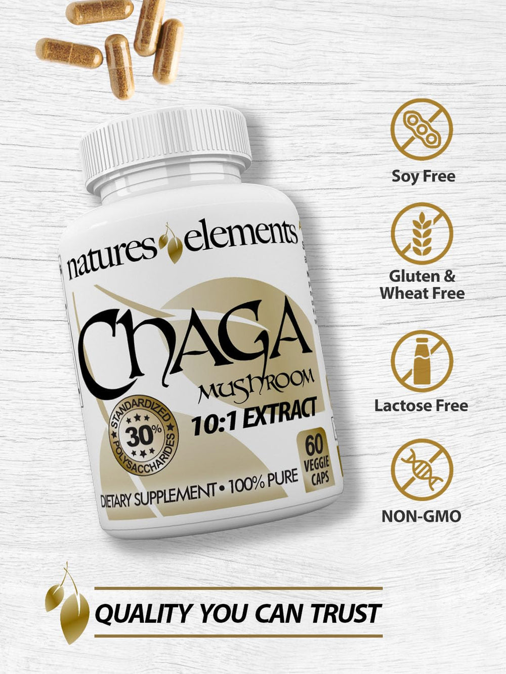 Made in USA in cgmp facilities behind Natures Elements Chaga