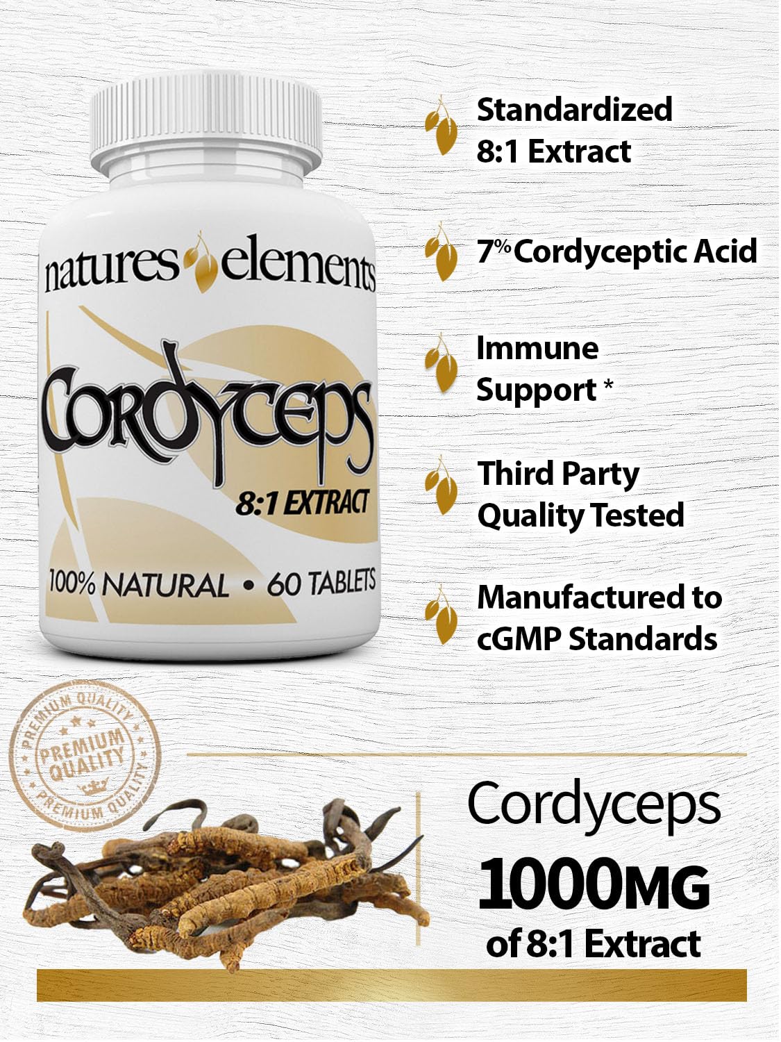 Natures Elements Cordyceps gluten-free and non-GMO bottle for clean label