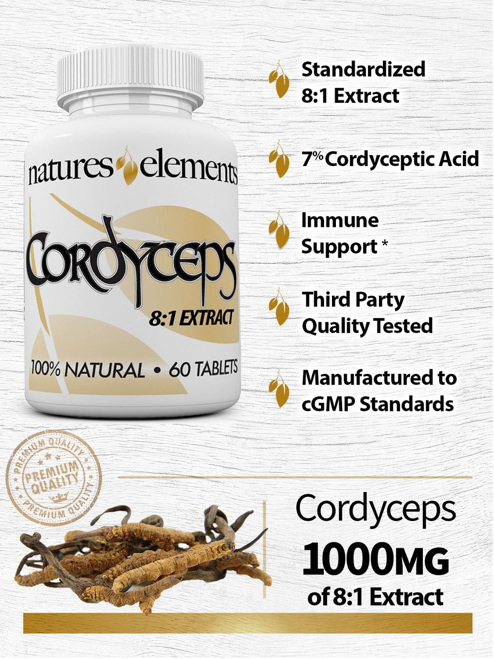 Natures Elements Cordyceps gluten-free and non-GMO bottle for clean label