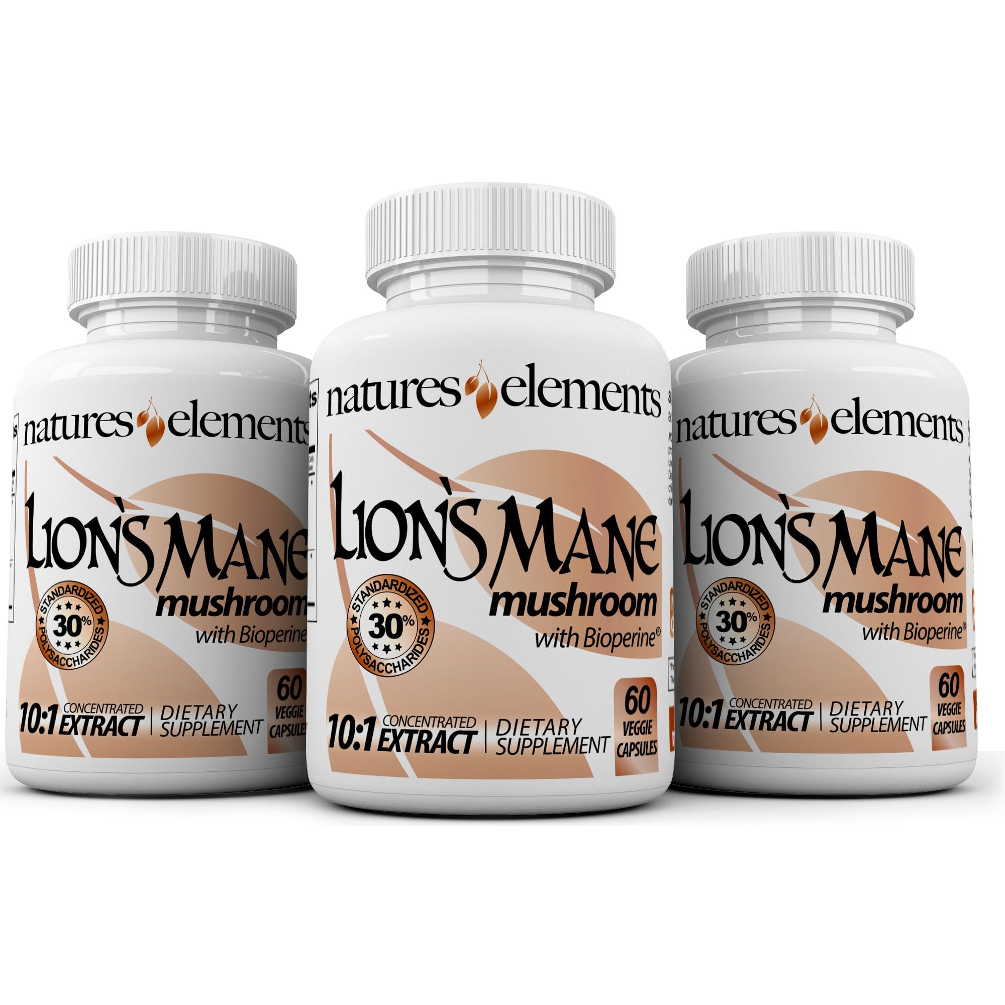 Natures Elements Lion’s Mane 10:1 extract bottle shows 60 capsules for focus