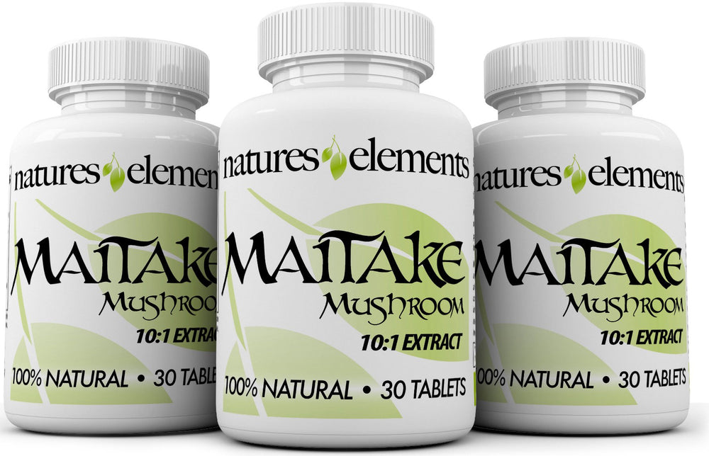 Natures Elements Maitake bottle front with 10:1 extract and 500mg tablets