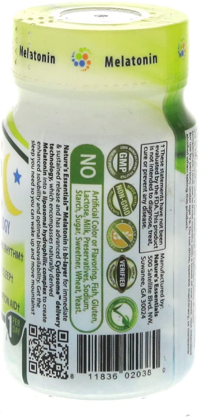 NATURE'S ESSENTIALS Melatonin 10mg front box communicates purity and non-GMO formula