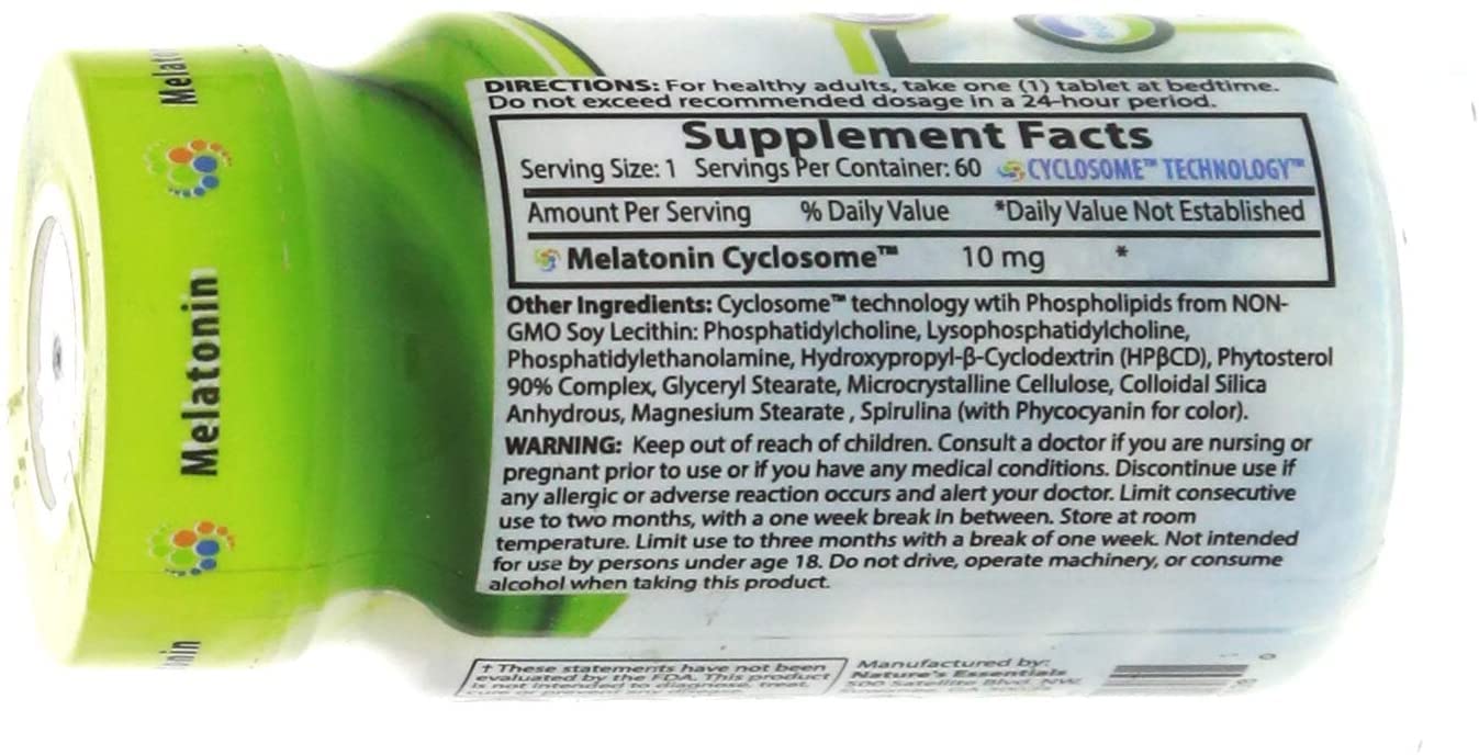 NATURE'S ESSENTIALS Melatonin 10mg packaging closeup shows product details