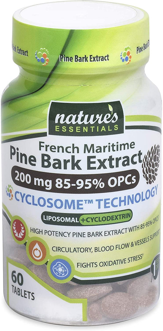 Close-up of Nature's Essentials pine bark tablets for potential cognitive and circulatory support.