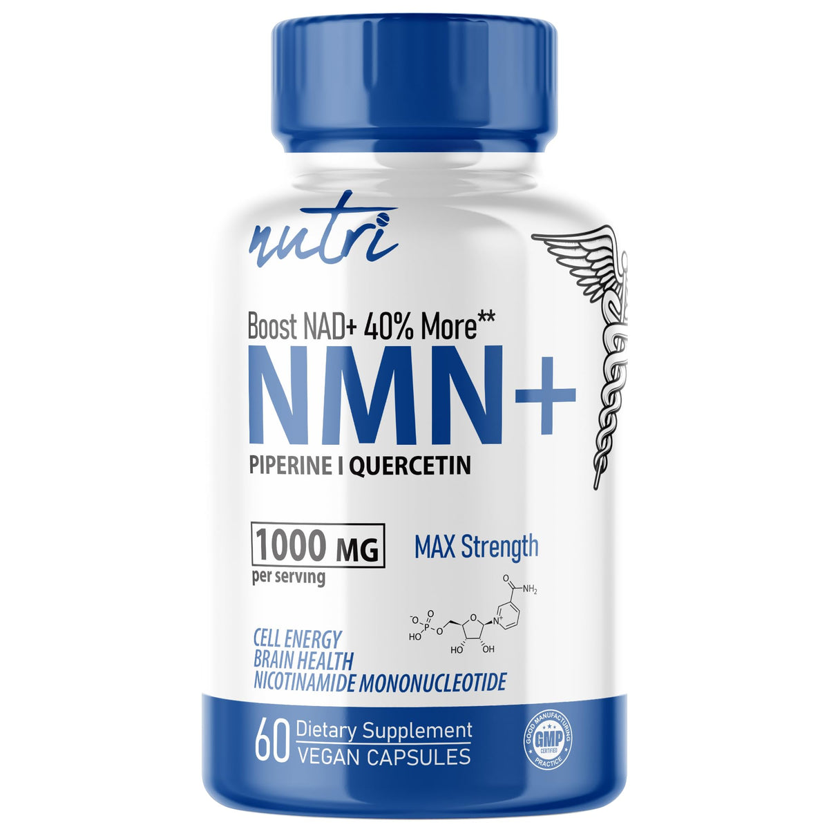 Nature's Fusions NMN bottle closeup highlighting stabilized NMN for absorption