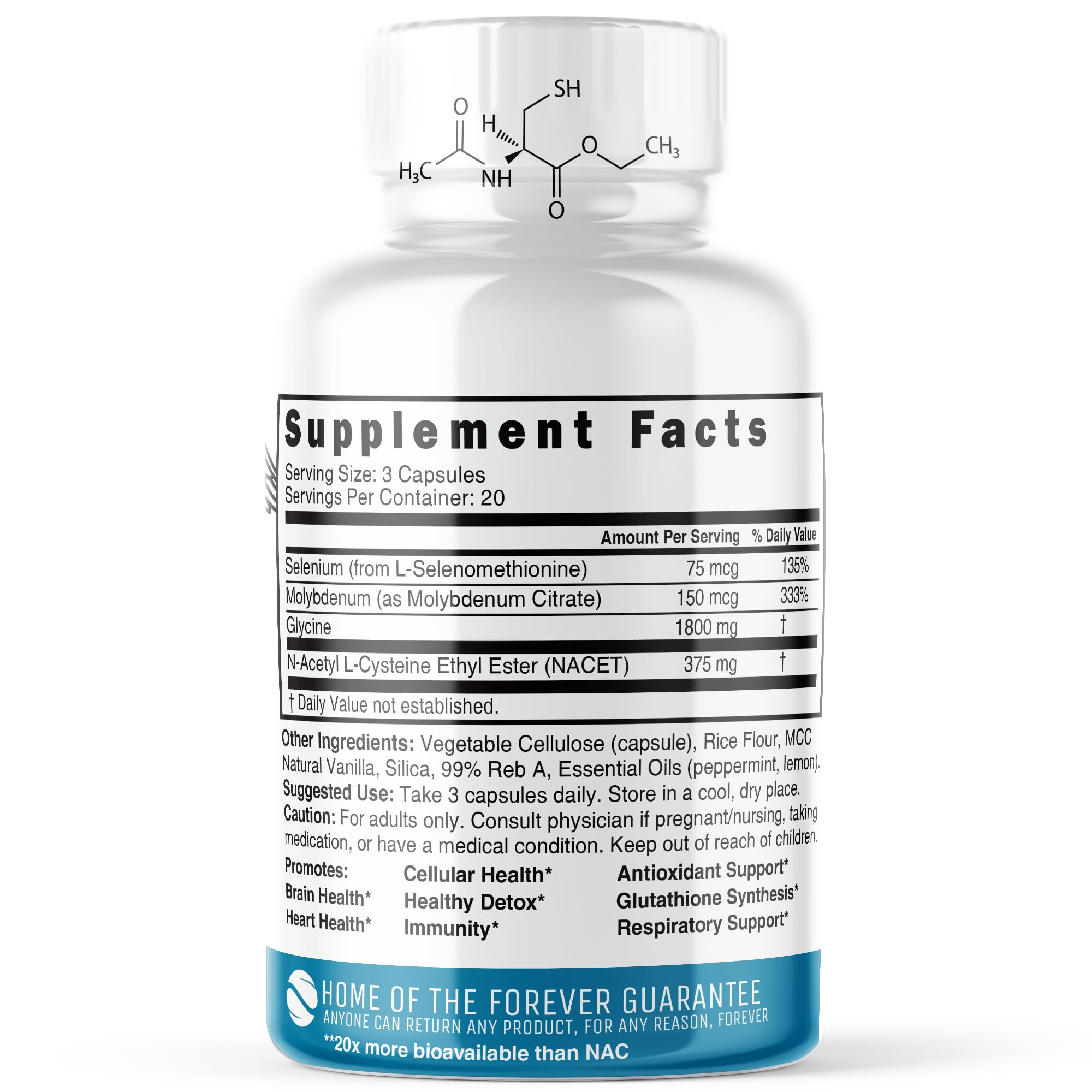 Close-up of NAC Ethyl Ester + Glycine capsules for daily wellness.