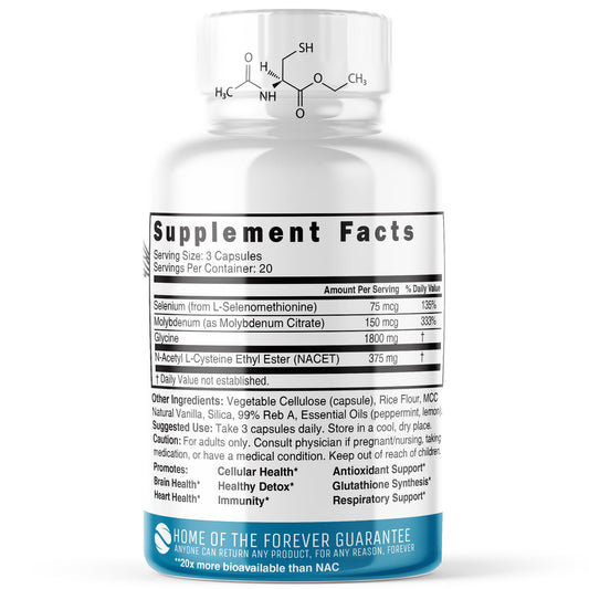Close-up of NAC Ethyl Ester + Glycine capsules for daily wellness.