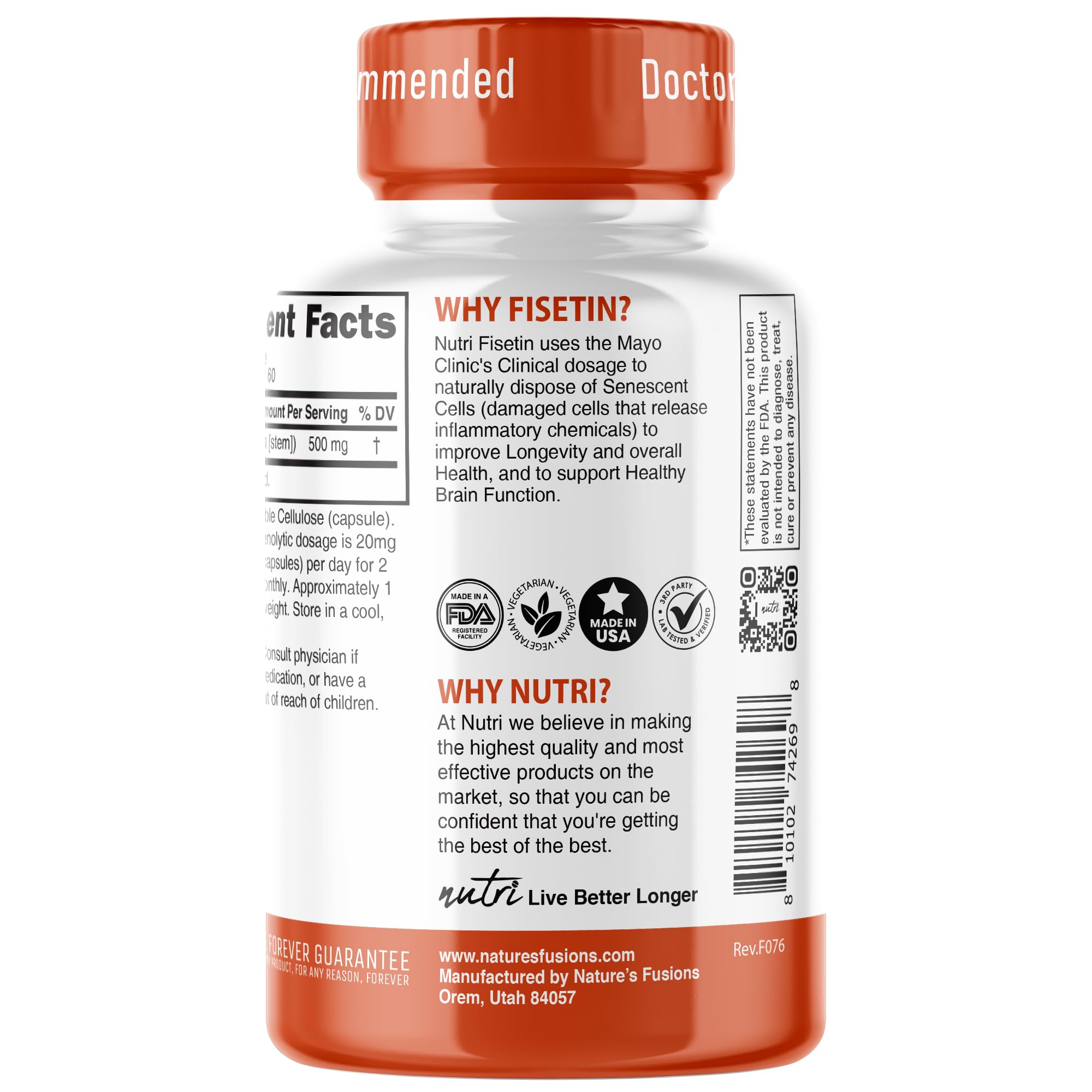 Nature's Fusions Nutri Fisetin purity and third-party testing lab seal