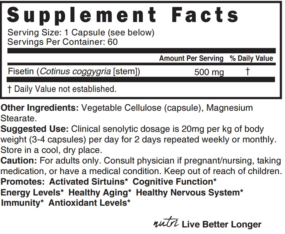 Nature's Fusions Nutri Fisetin label with dosage guidance