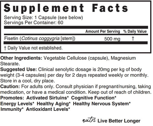 Nature's Fusions Nutri Fisetin label with dosage guidance