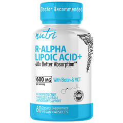 Nature's Fusions Nutri R Alpha Lipoic Acid 600mg bottle showing capsules for energy support