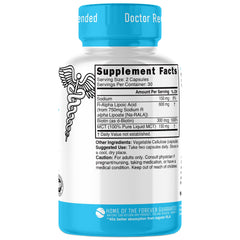 Close-up of Nature's Fusions Nutri R Alpha Lipoic Acid capsules highlighting the 600 mg dose