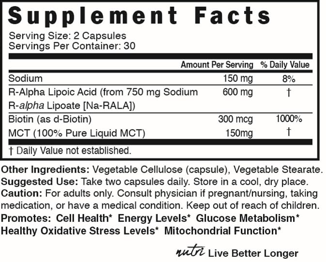 Nutri R Alpha Lipoic Acid packaging indicating USA-based testing and quality