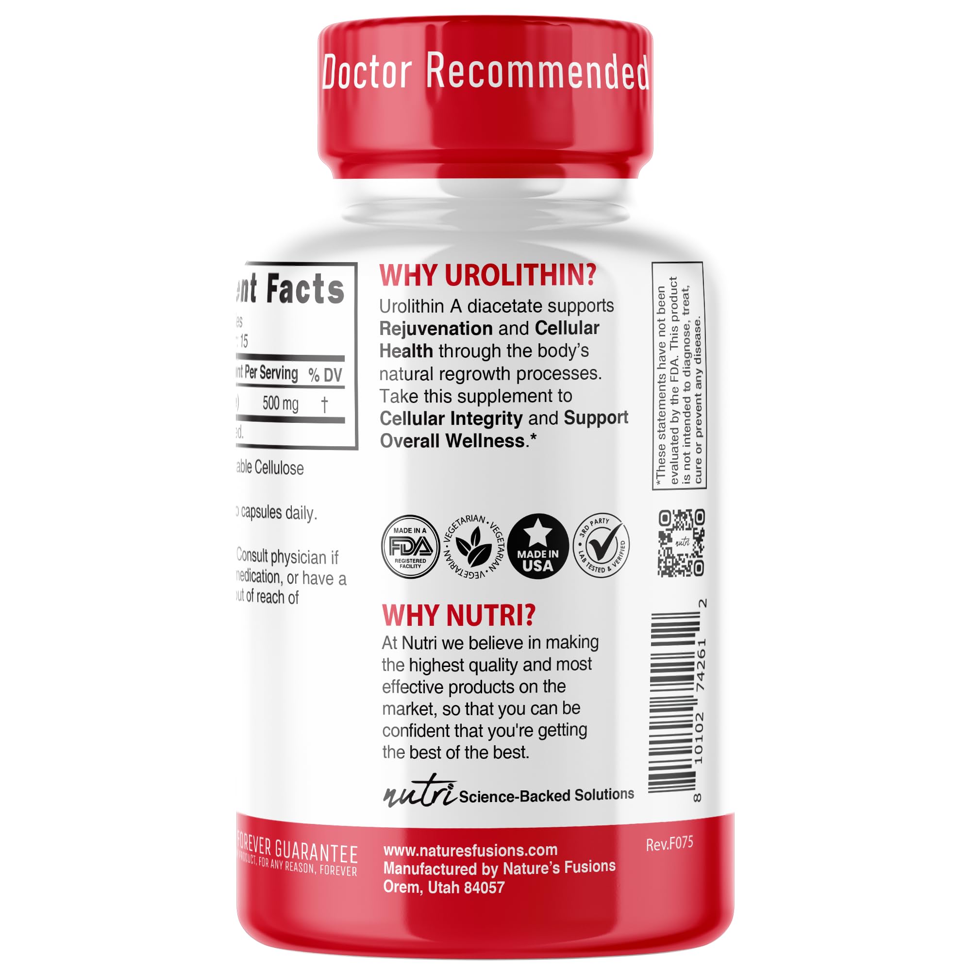Nature's Fusions Nutri Urolithin A label close-up, diacetate formula detail.