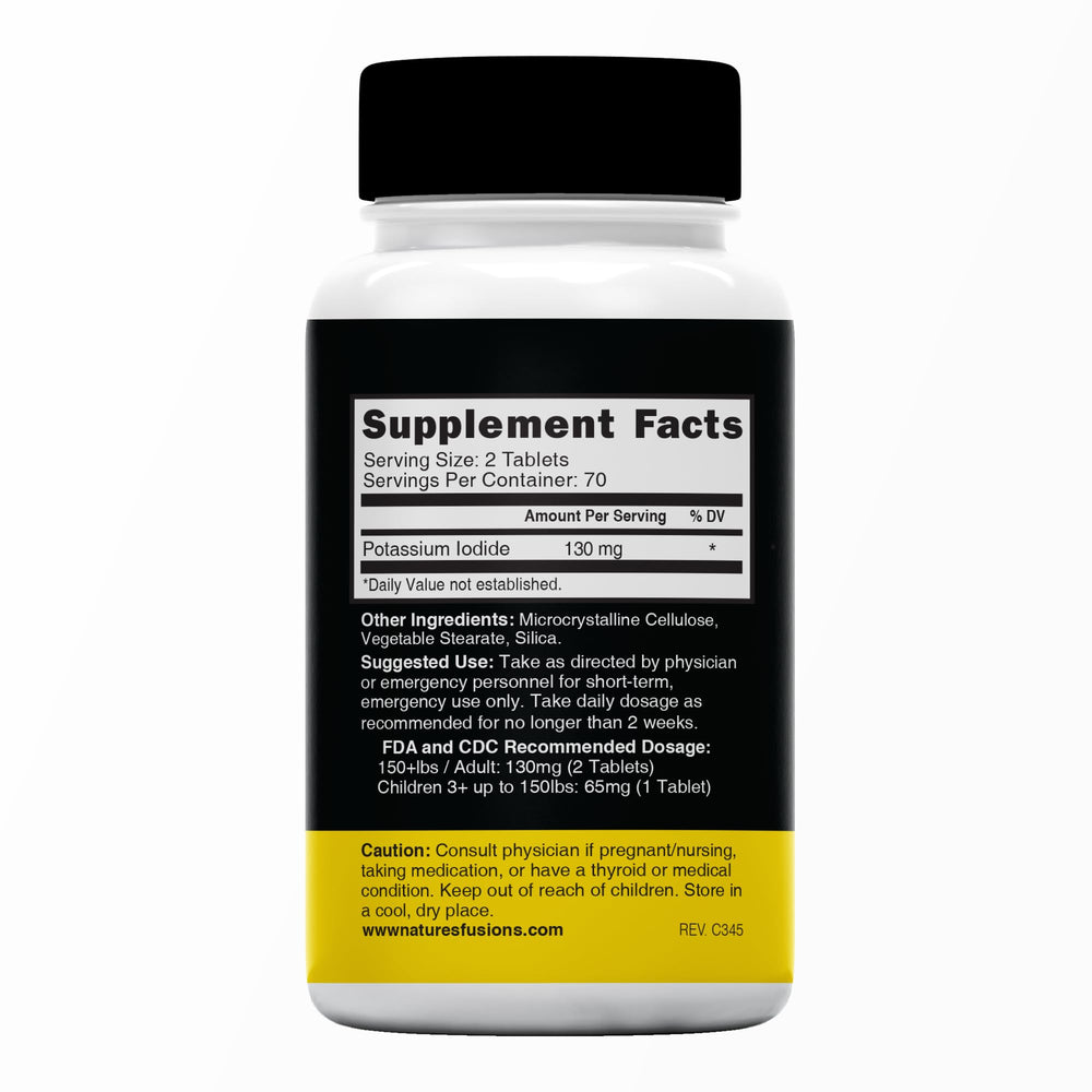 Nature's Fusions 130 mg KI tablets close-up showing tablet details
