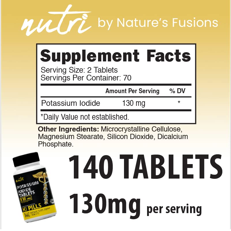 Nature's Fusions potassium iodide tablets dosage guide, simple two-tablet adults dose.