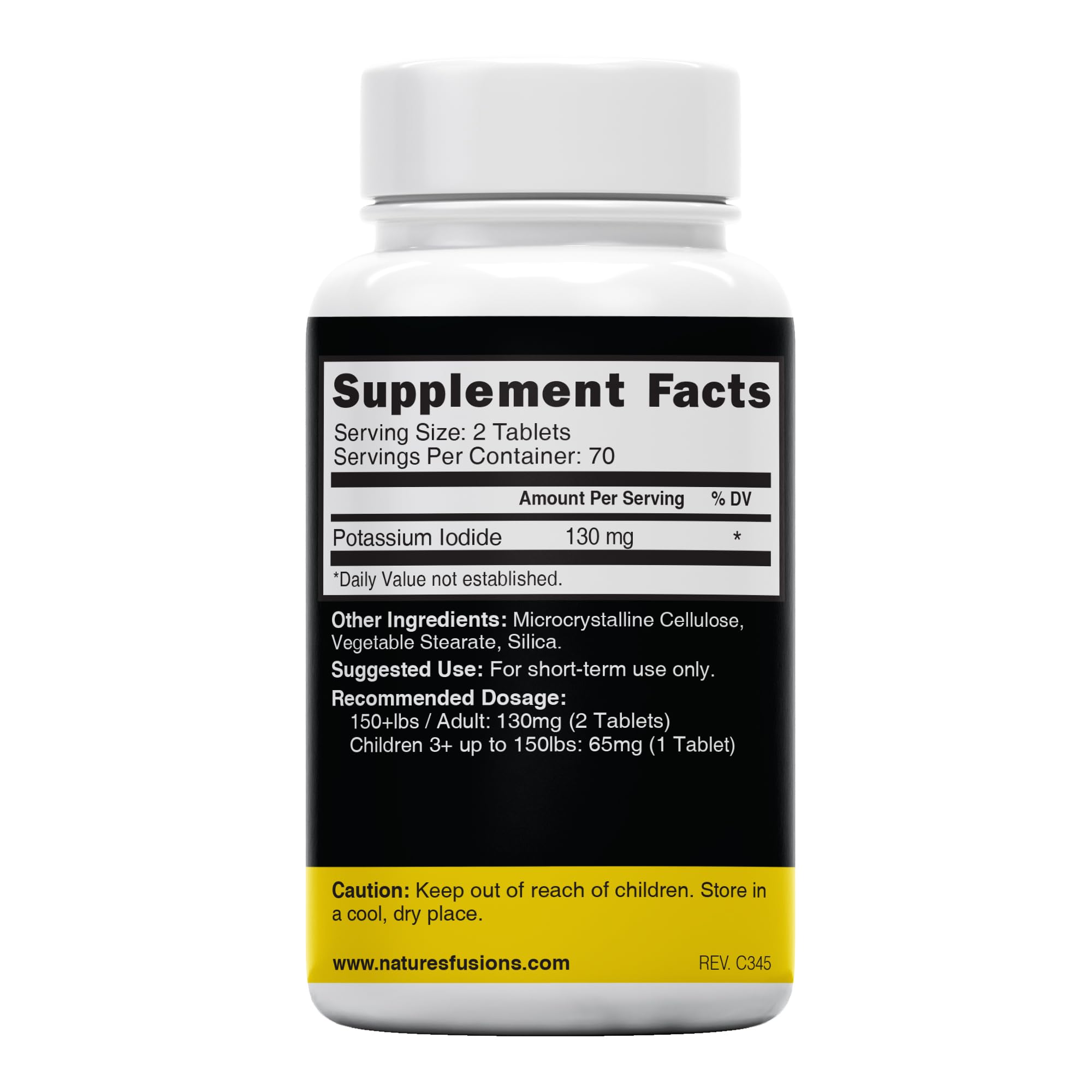 Nature's Fusions potassium iodide tablets packaging, clearly labeled for safe home storage.